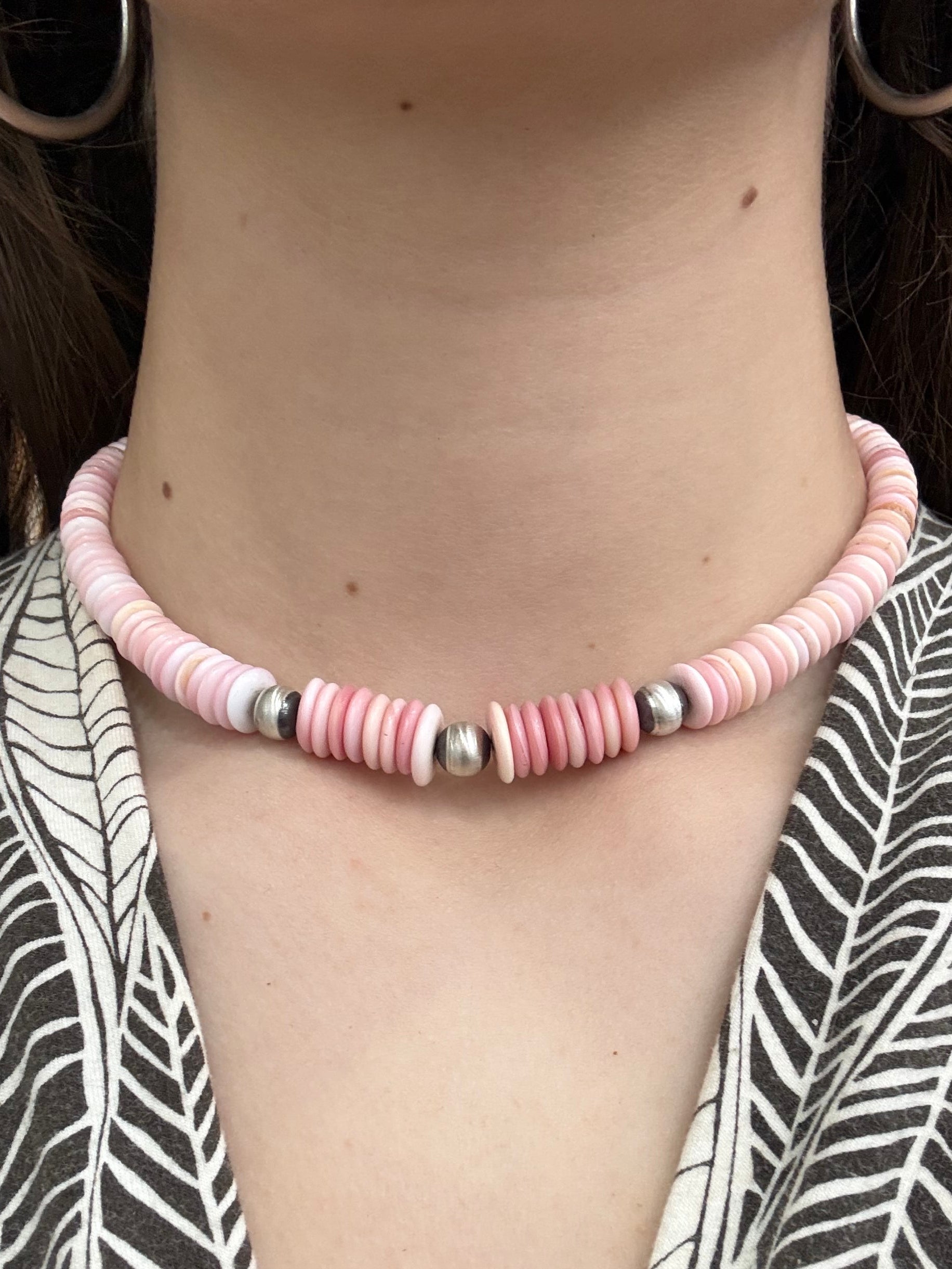 Pink Conch Necklace with Sterling Silver Oxidized Beads