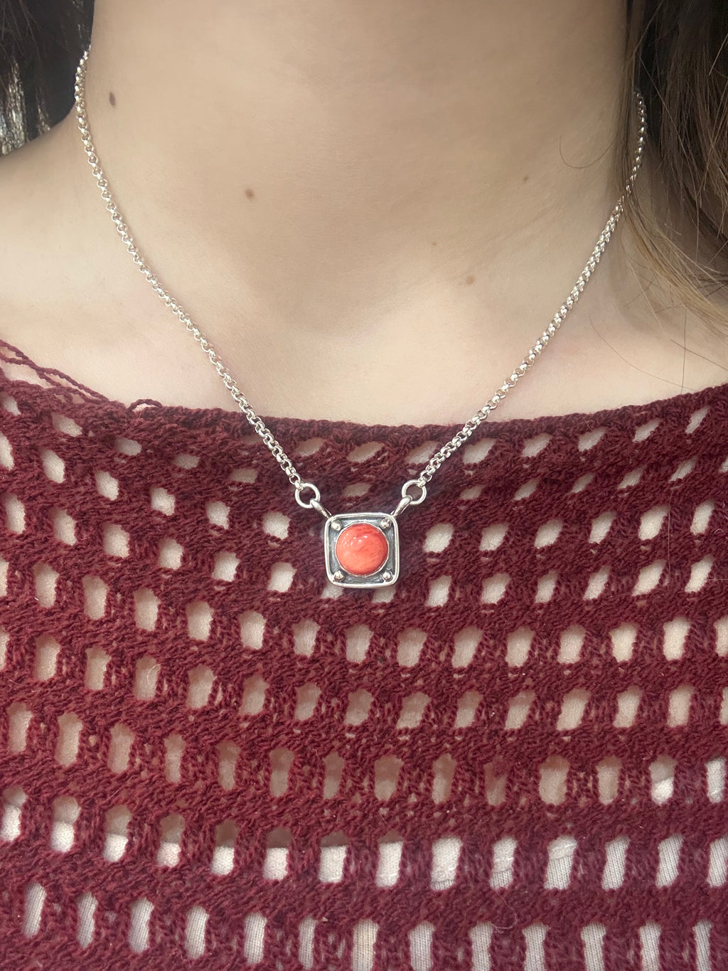 Red Spiny Oyster Sterling Silver Box Necklace