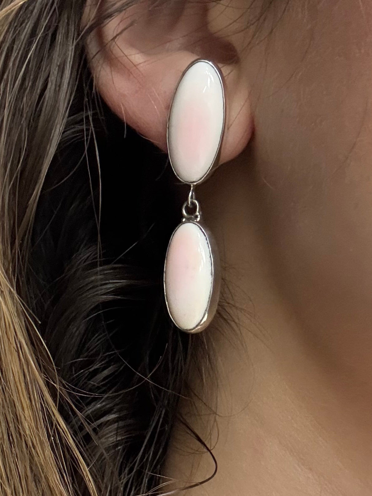 Double Oval Pink Conch Sterling Silver Earrings