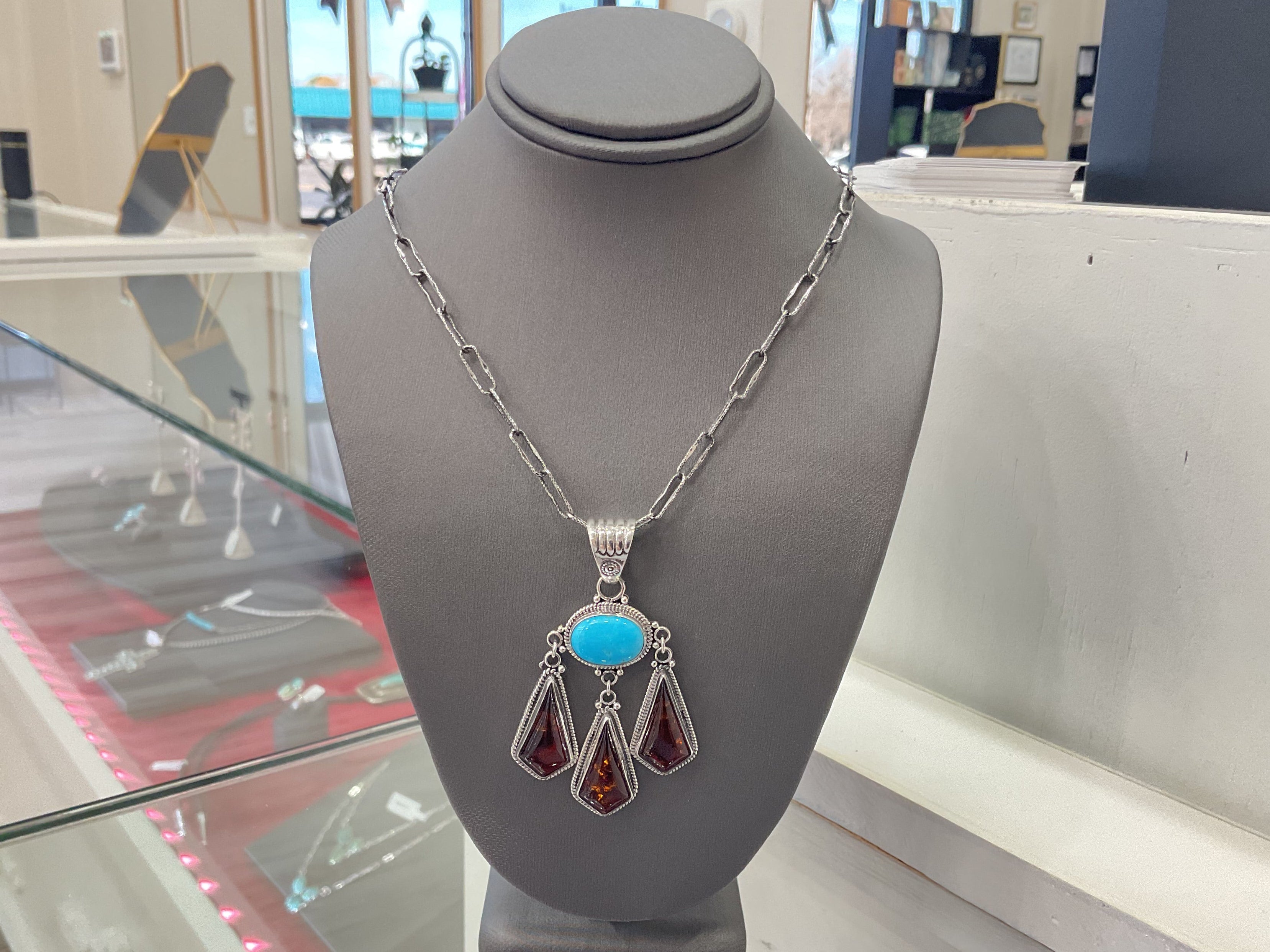 Kingman Turquoise & Amber Chandelier Sterling Silver Necklace