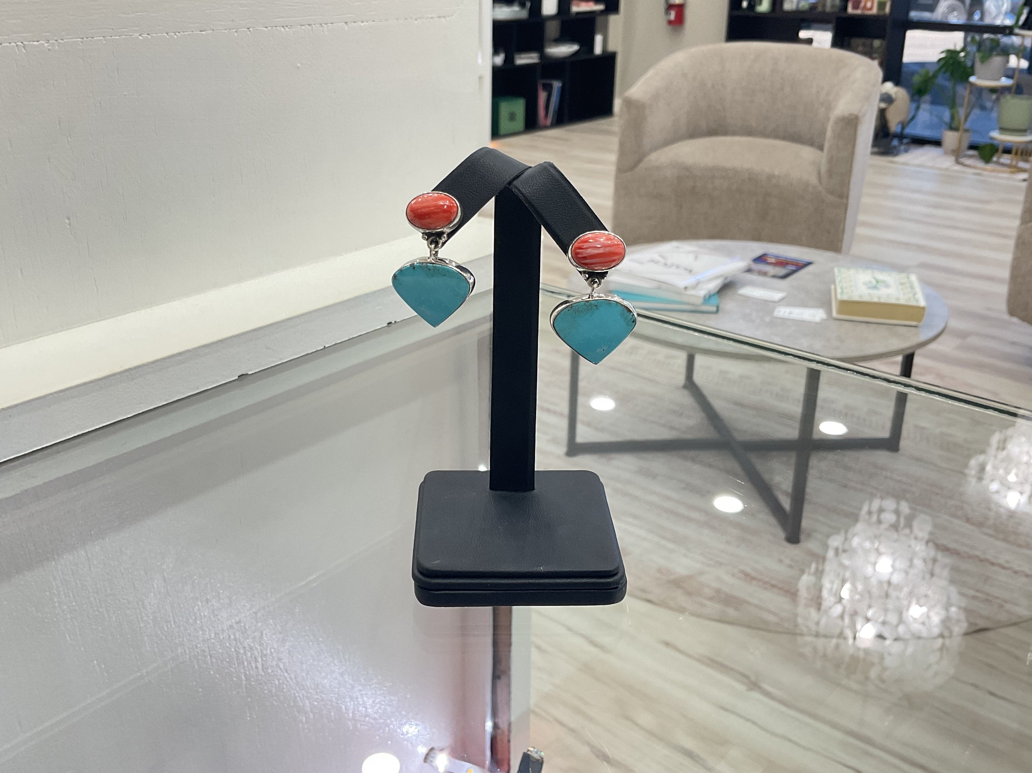 Red Spiny Oyster & Kingman Turquoise Sterling Silver Earrings