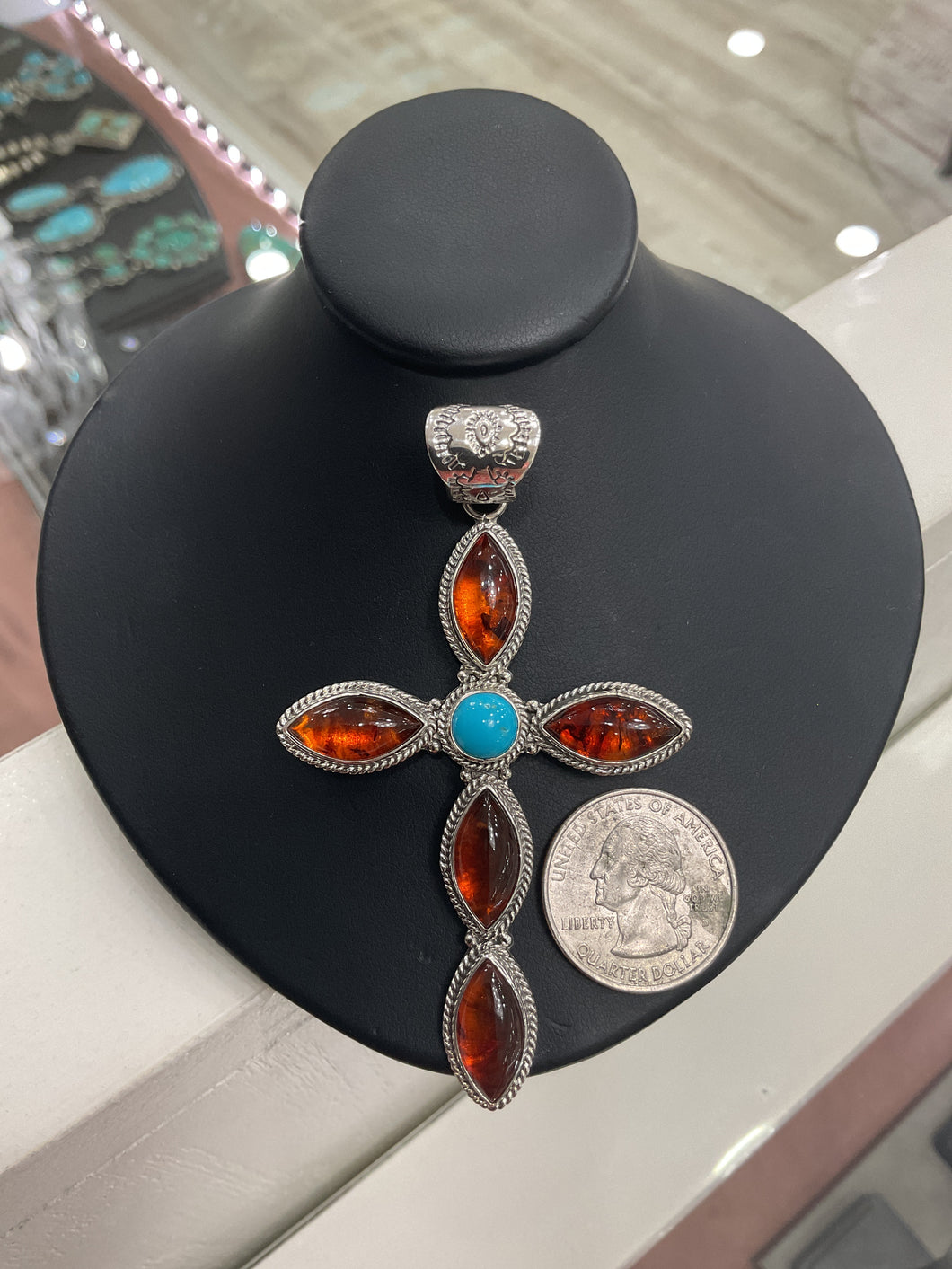 Amber and Kingman Turquoise pendant