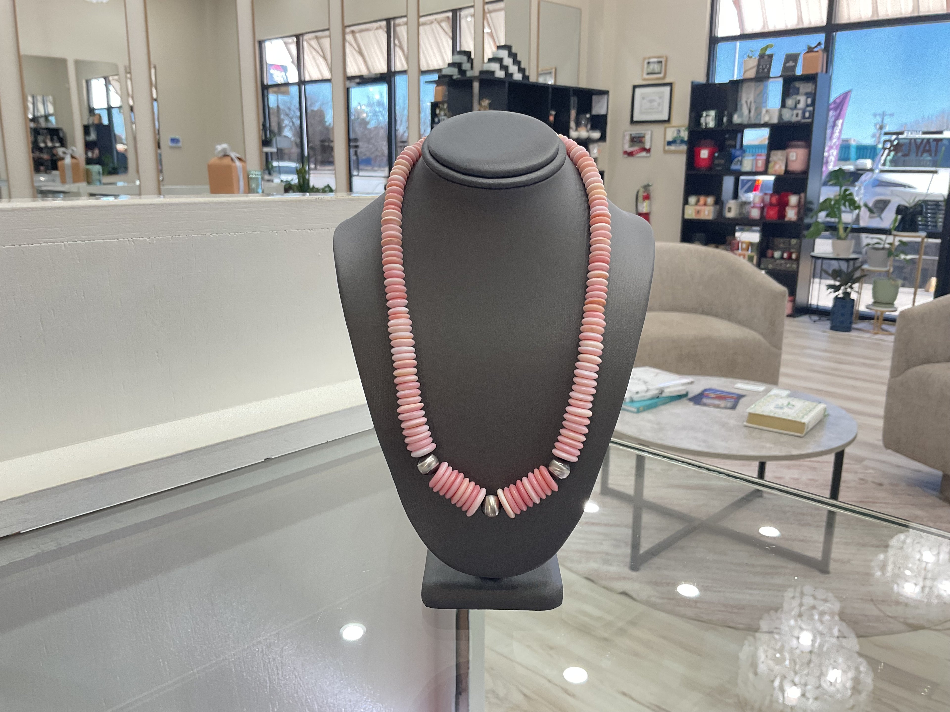Pink Conch Necklace with Sterling Silver Oxidized Beads