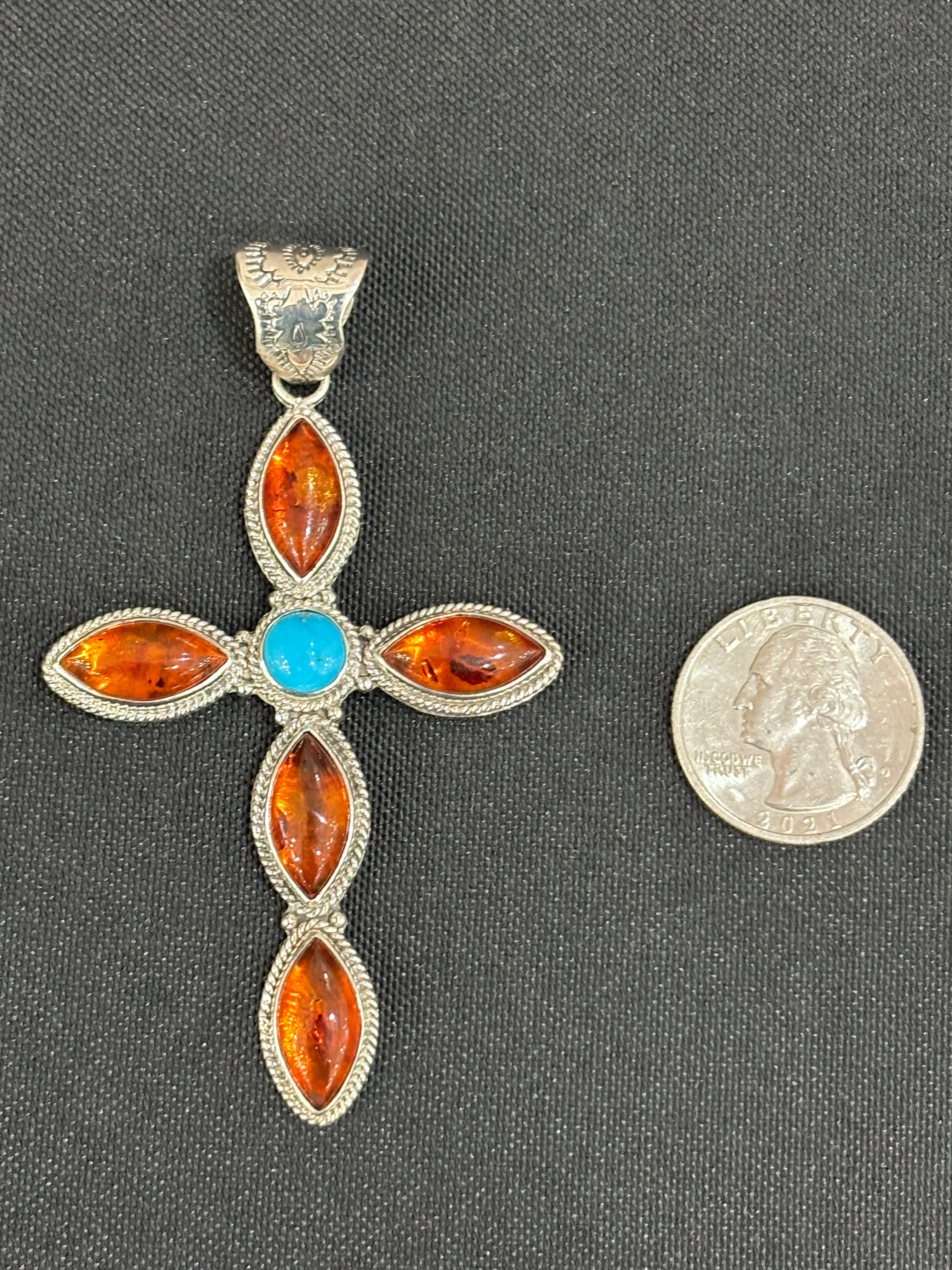Kingman Turquoise & Amber Cross Sterling Silver Pendant