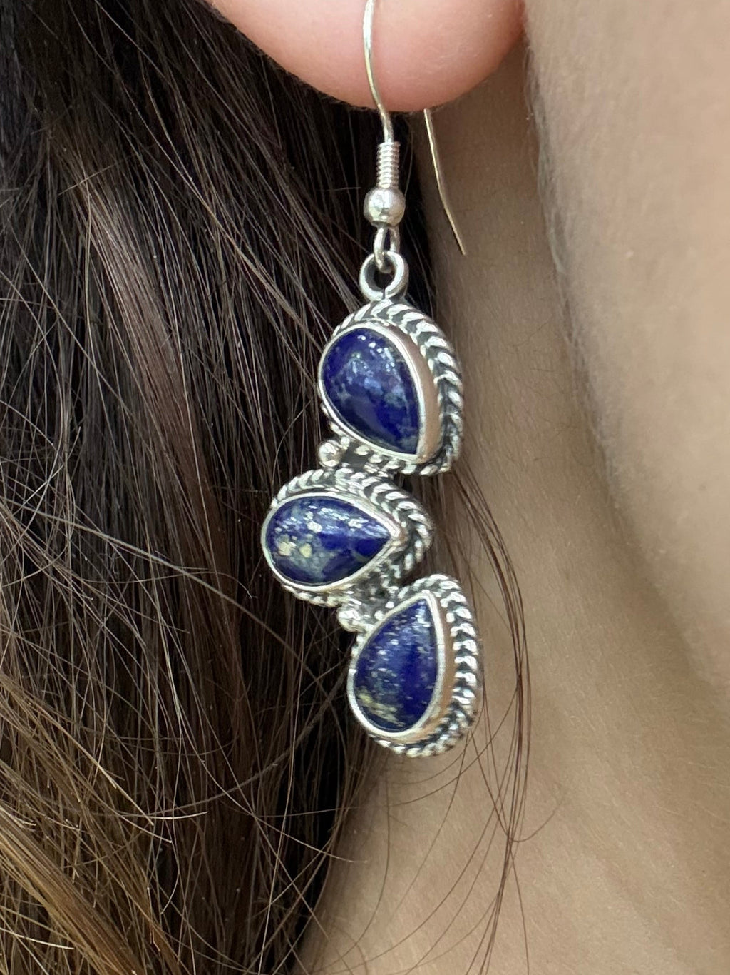 Blue Lapis Three Tear Drop Earrings