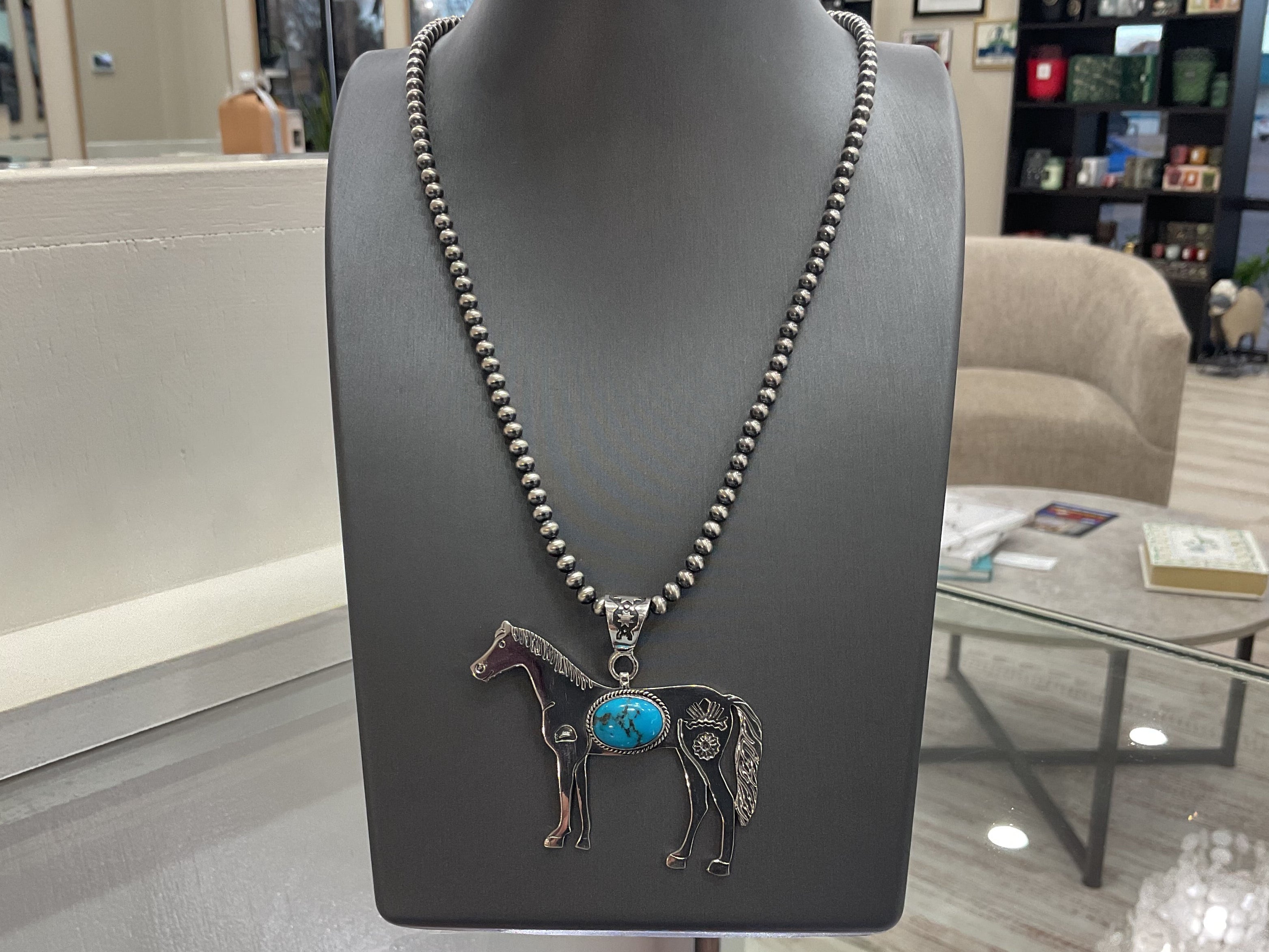 Sonoran Turquoise Horse Sterling Silver Necklace with Oxidized Sterling Silver Beads