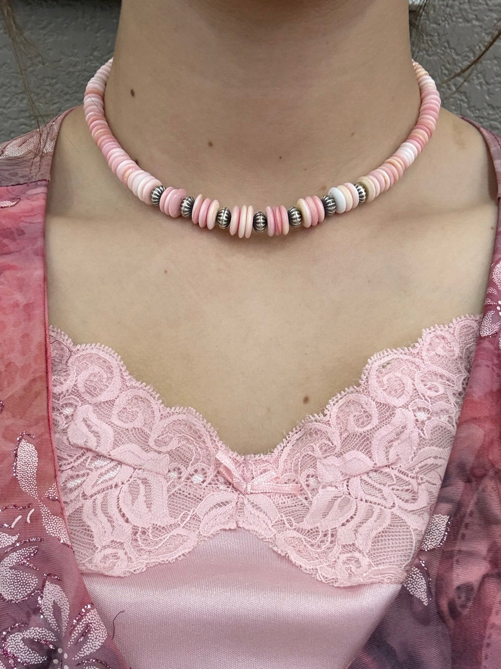 The Pink Conch Necklace with SS Oxidized Corrugated Beads