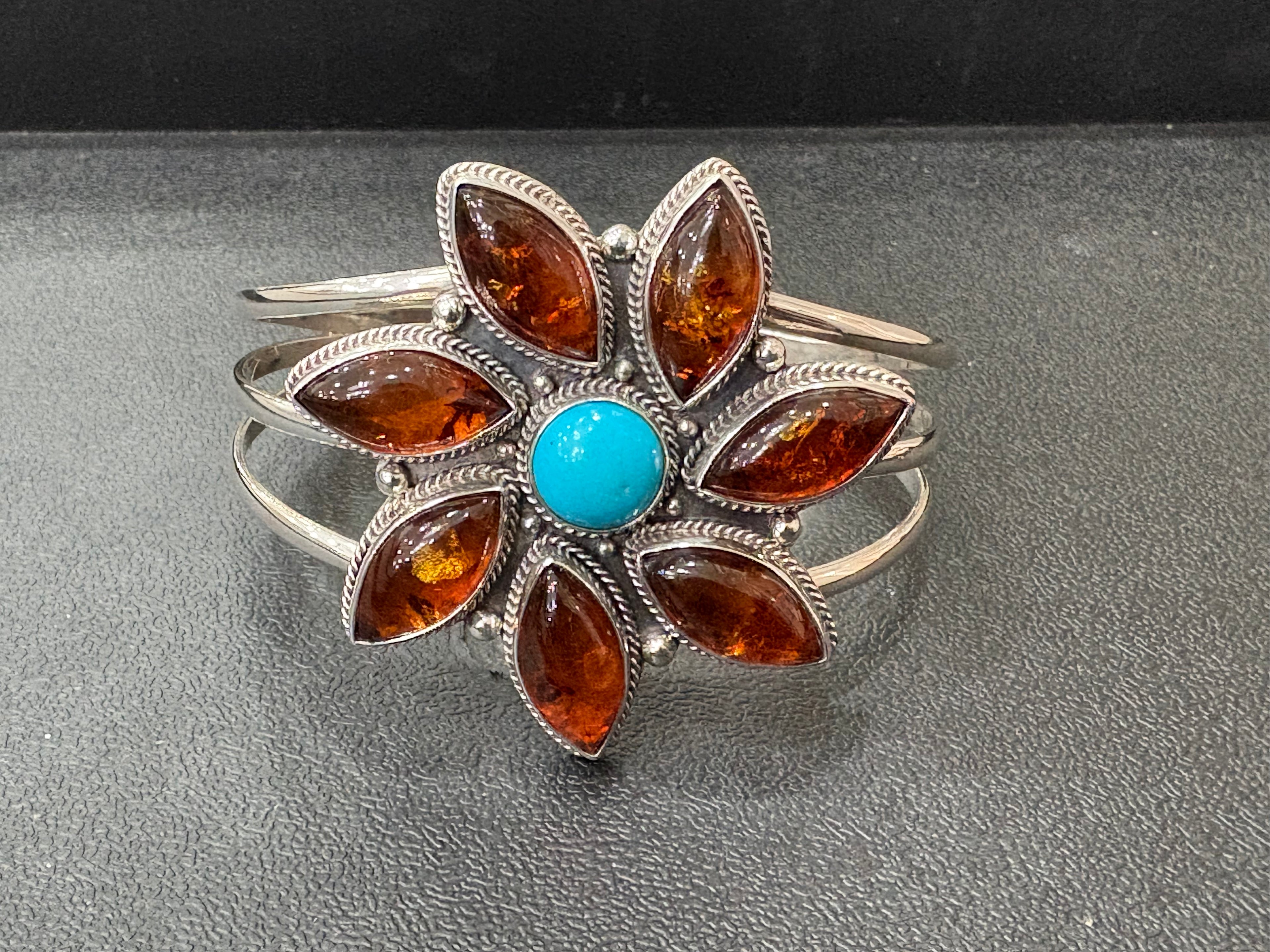 Kingman Turquoise & Amber Flower Sterling Silver Cuff
