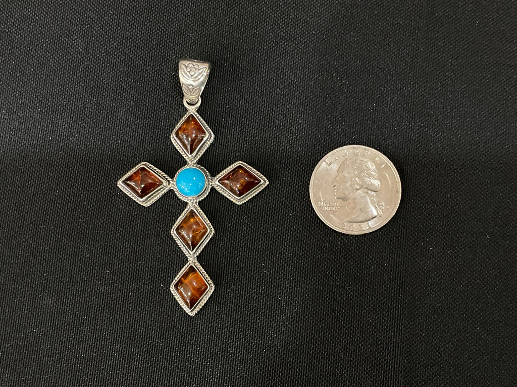 Kingman Turquoise & Amber Cross Sterling Silver Pendant