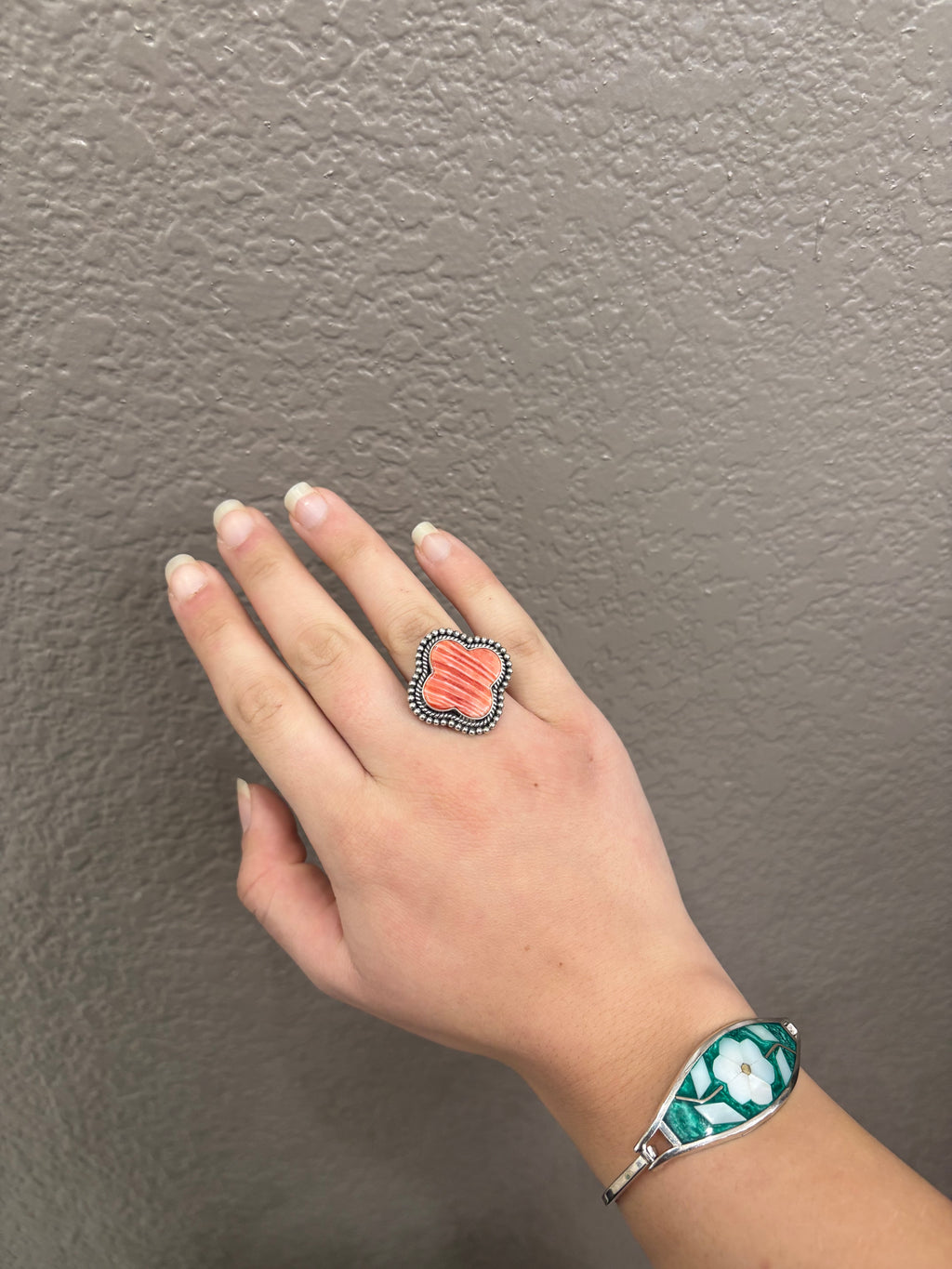 Red Spiny Oyster Sterling Silver Clover Ring