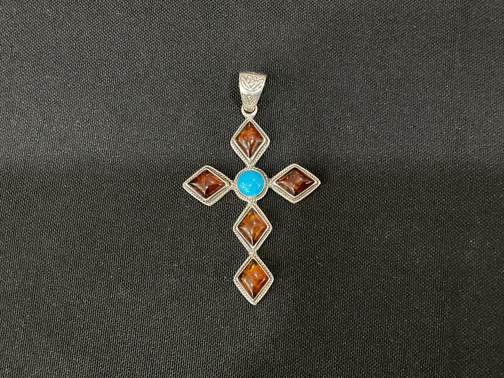 Kingman Turquoise & Amber Cross Sterling Silver Pendant