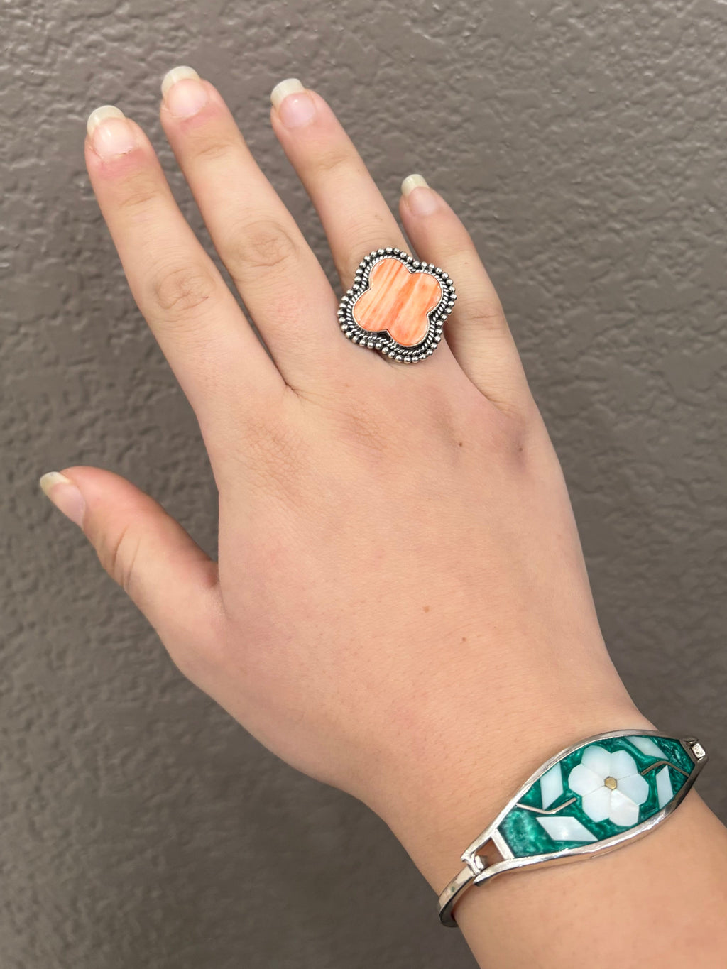 Orange Spiny Oyster Sterling Silver Clover Ring