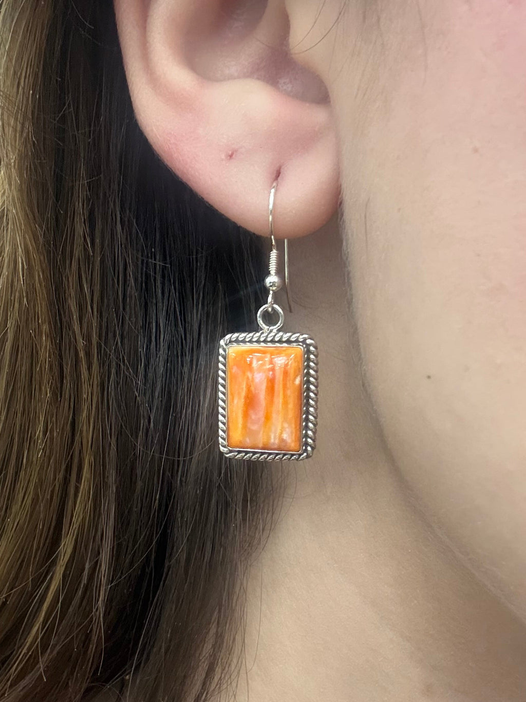 Orange Spiny Oyster Square Sterling Silver Earrings