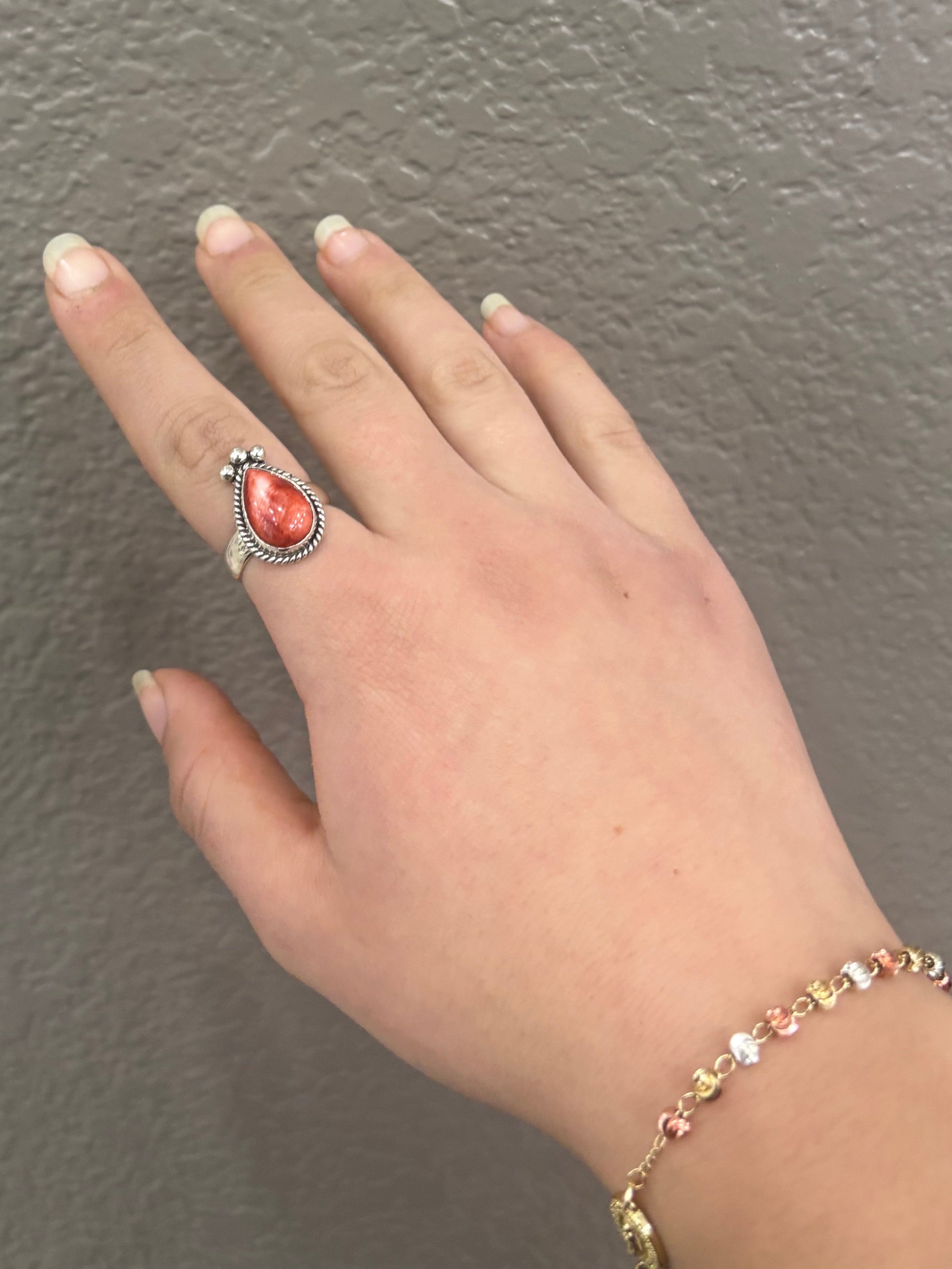 Red Spiny Oyster Pear Sterling Silver Ring