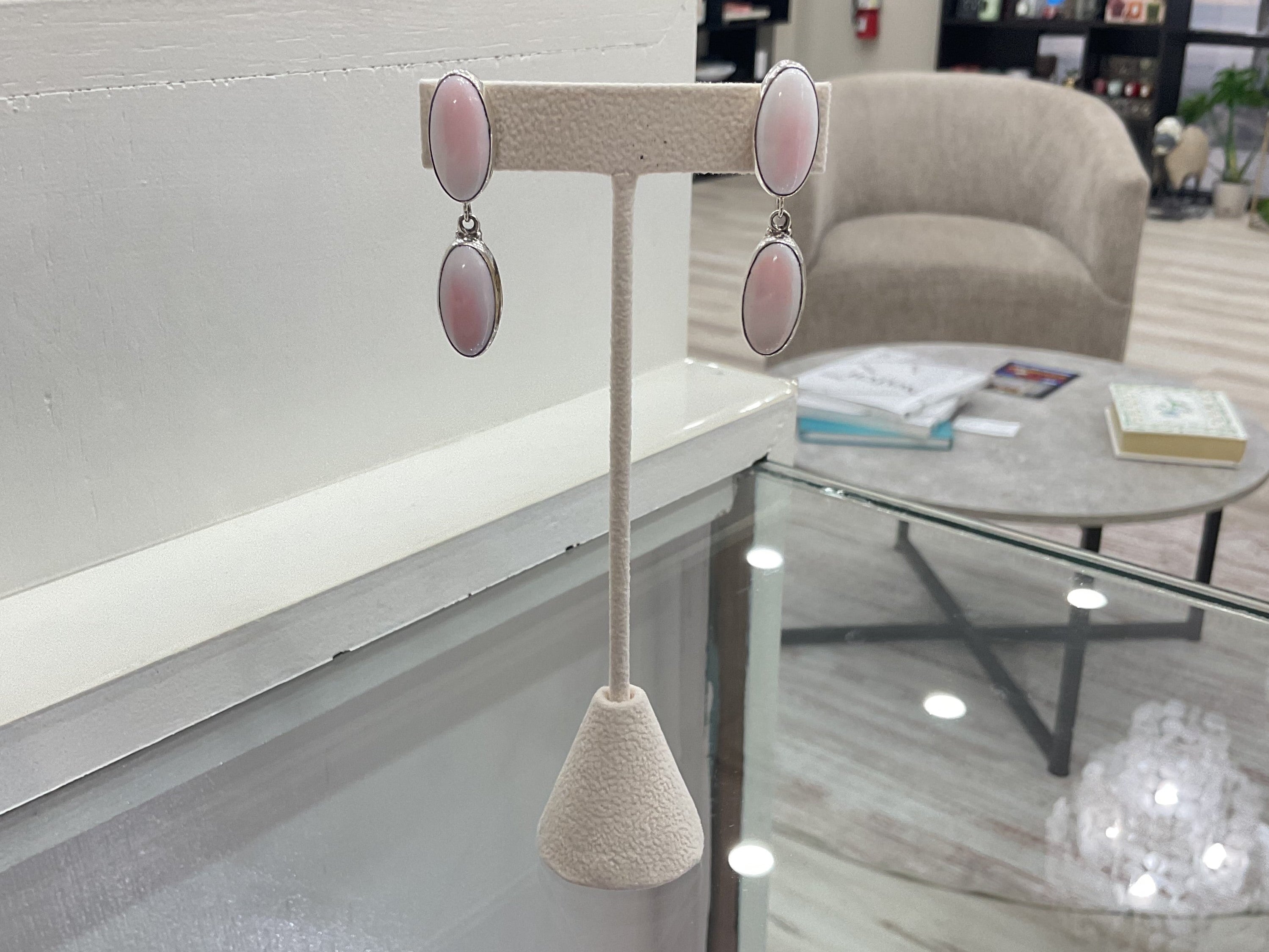 Double Oval Pink Conch Sterling Silver Earrings