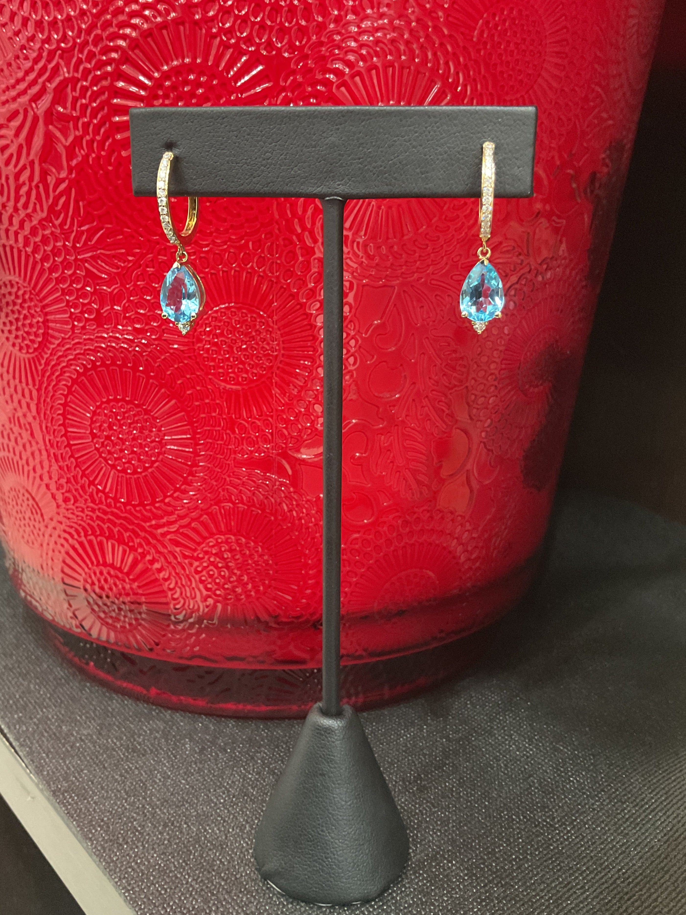 14KY Natural Diamond Swiss Blue Topaz Hoop Earrings