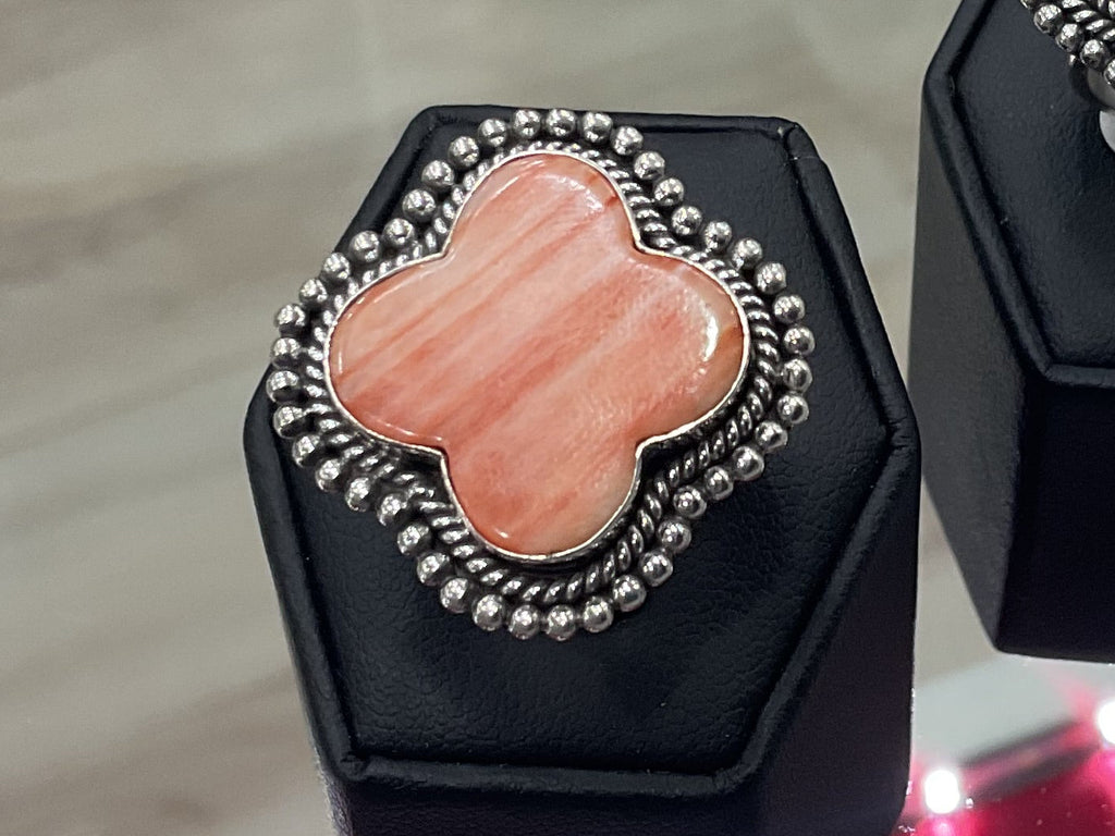 Orange Spiny Oyster Sterling Silver Clover Ring