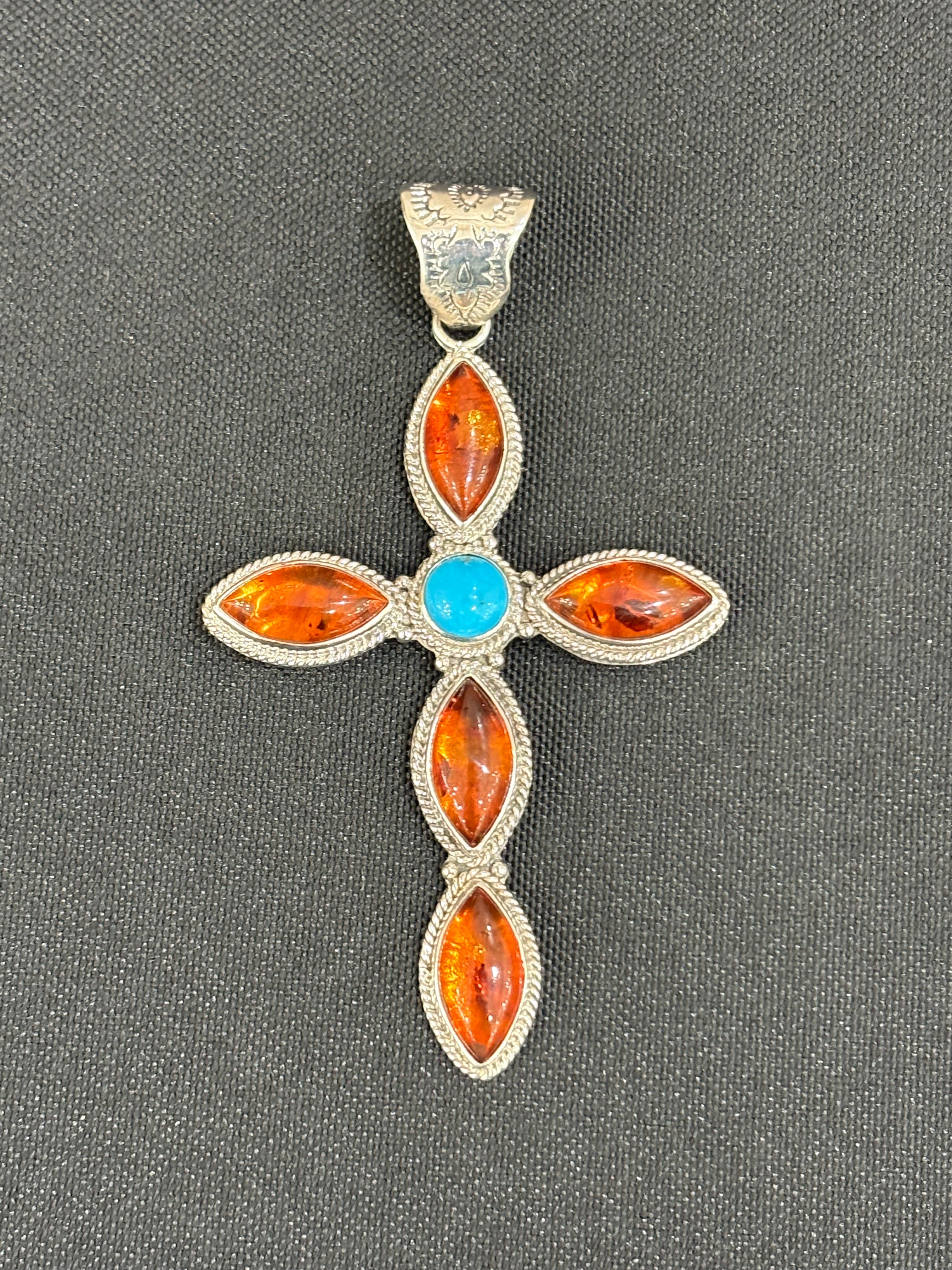 Kingman Turquoise & Amber Cross Sterling Silver Pendant