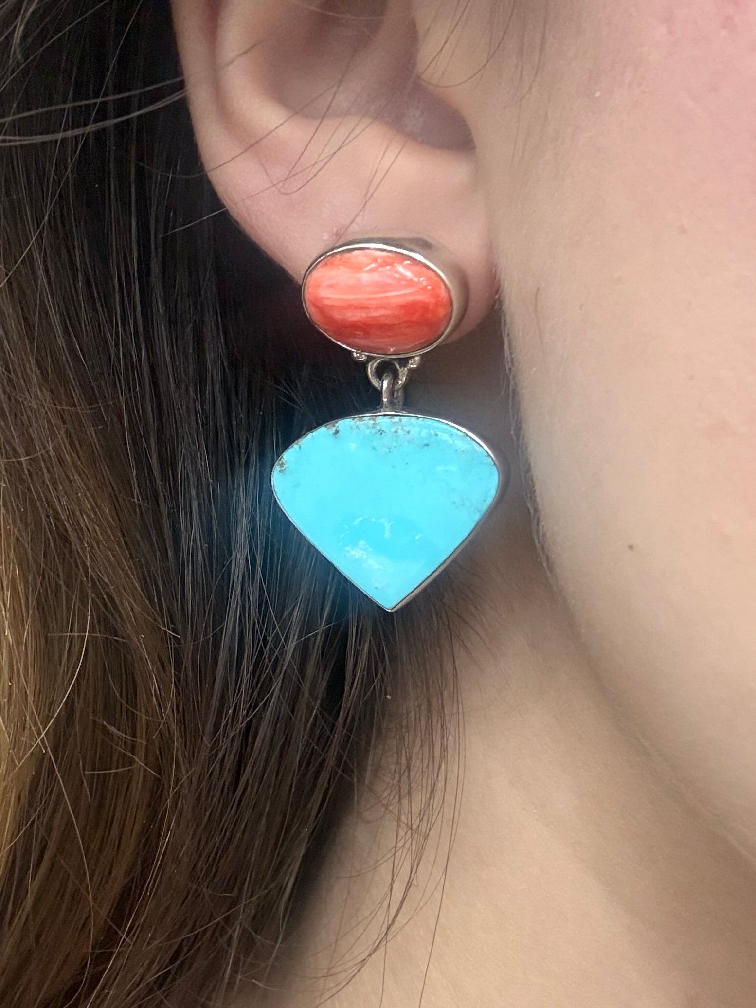 Red Spiny Oyster & Kingman Turquoise Sterling Silver Earrings