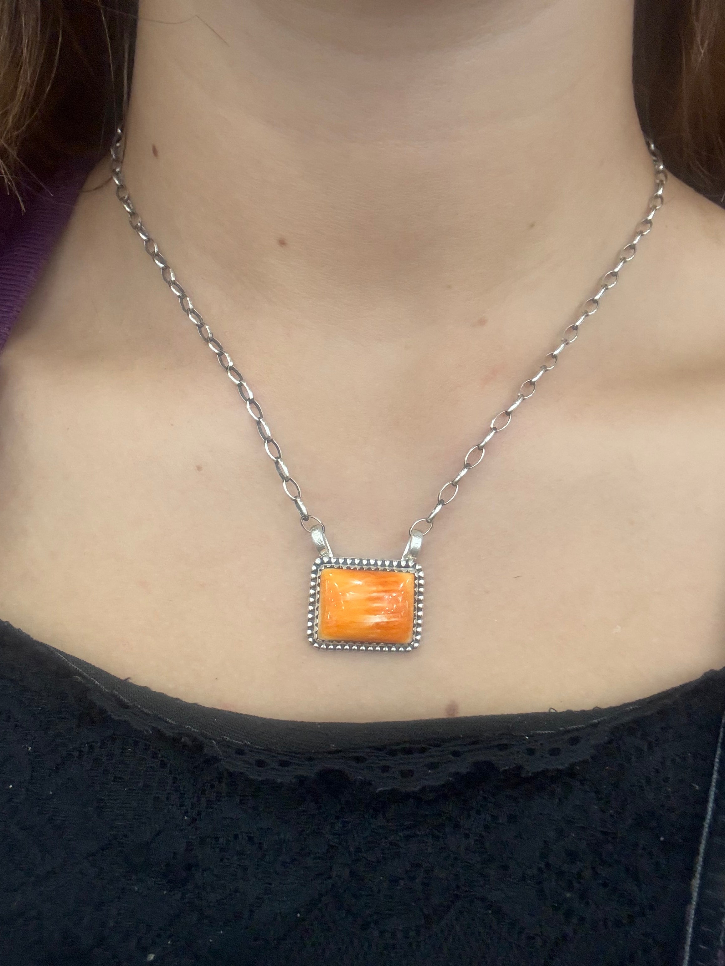 Orange Spiny Oyster Square Necklace