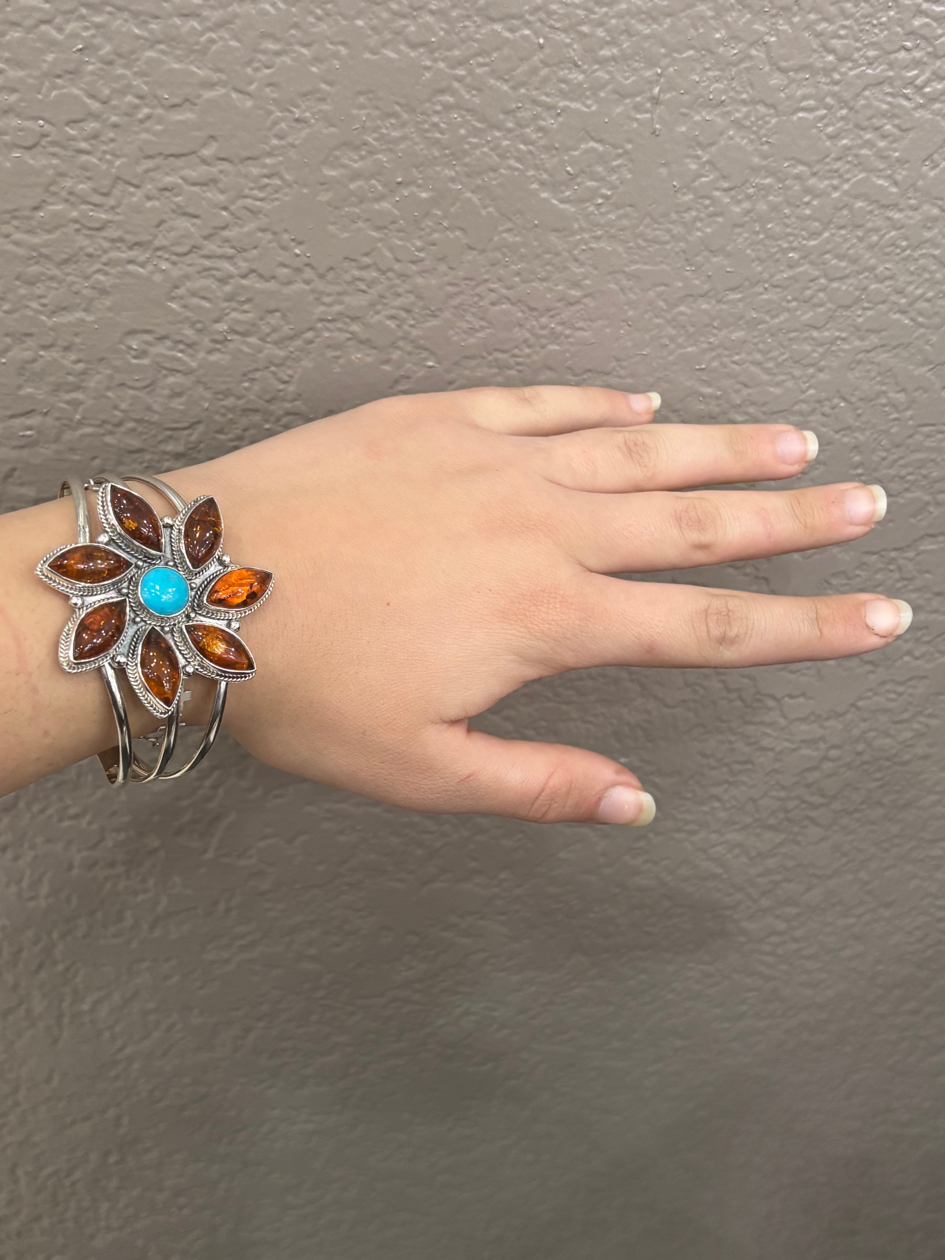 Kingman Turquoise & Amber Flower Sterling Silver Cuff