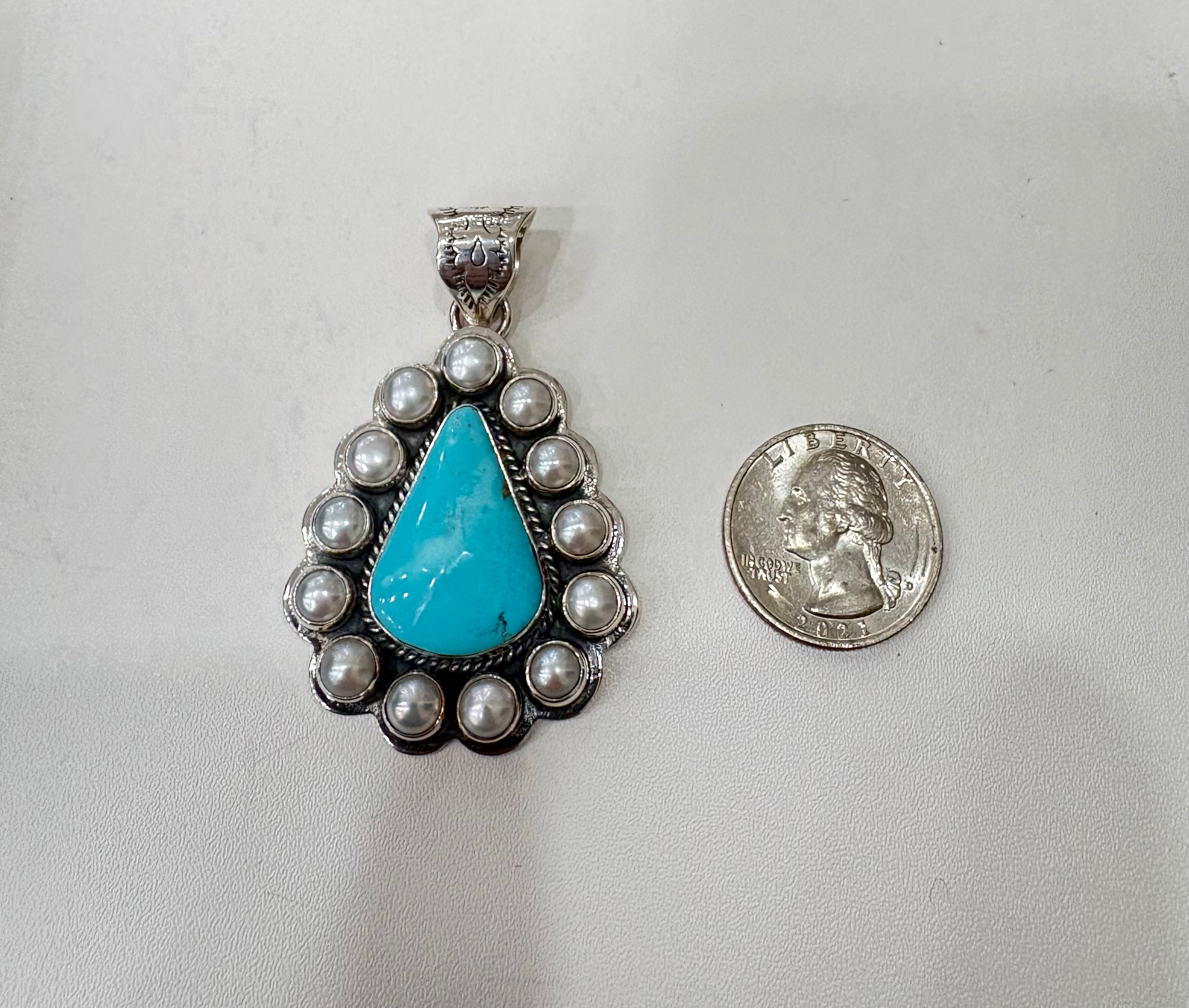 Fresh Water Pearl & Kingman Turquoise Sterling Silver Pendant