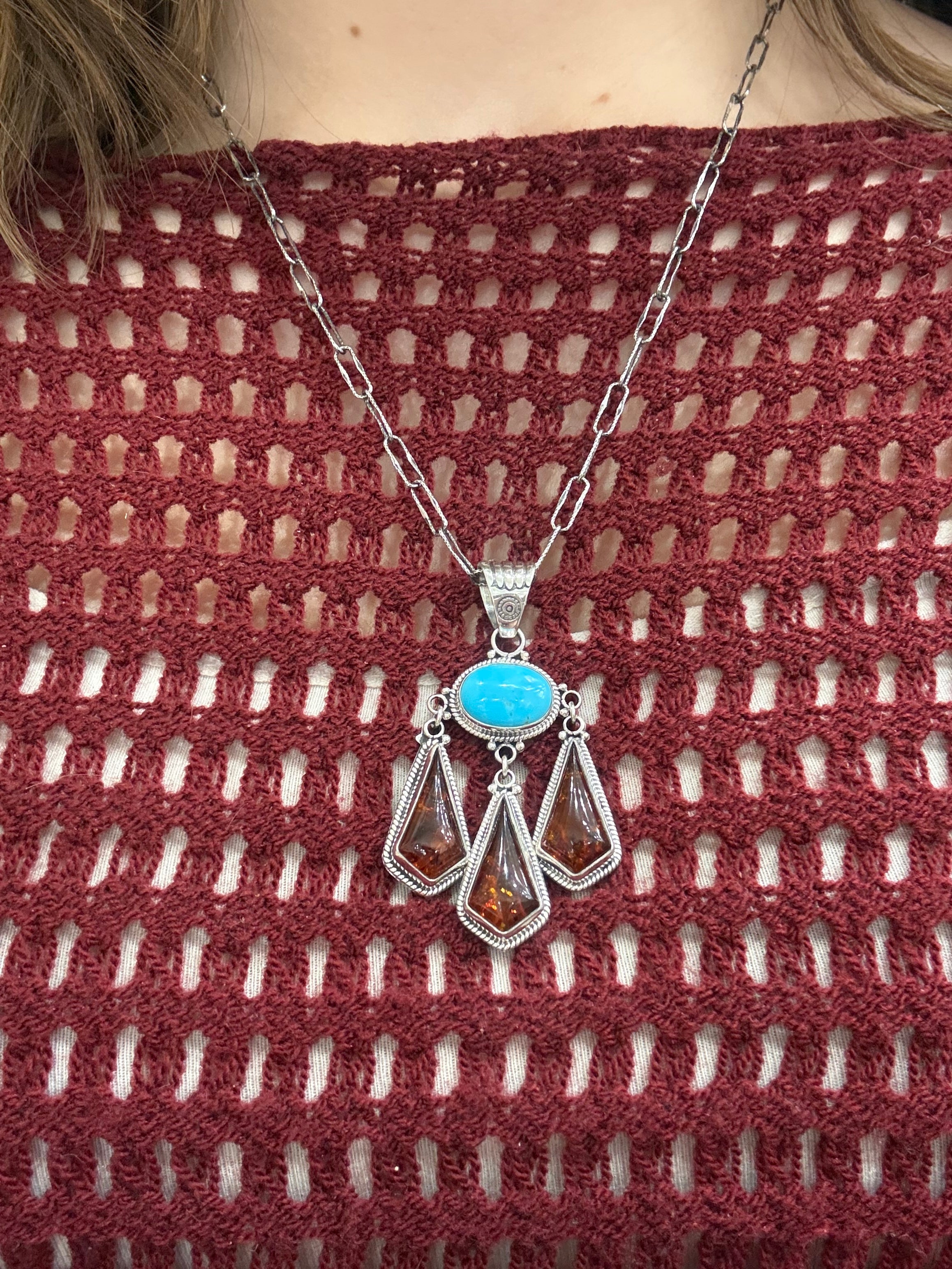 Kingman Turquoise & Amber Chandelier Sterling Silver Necklace