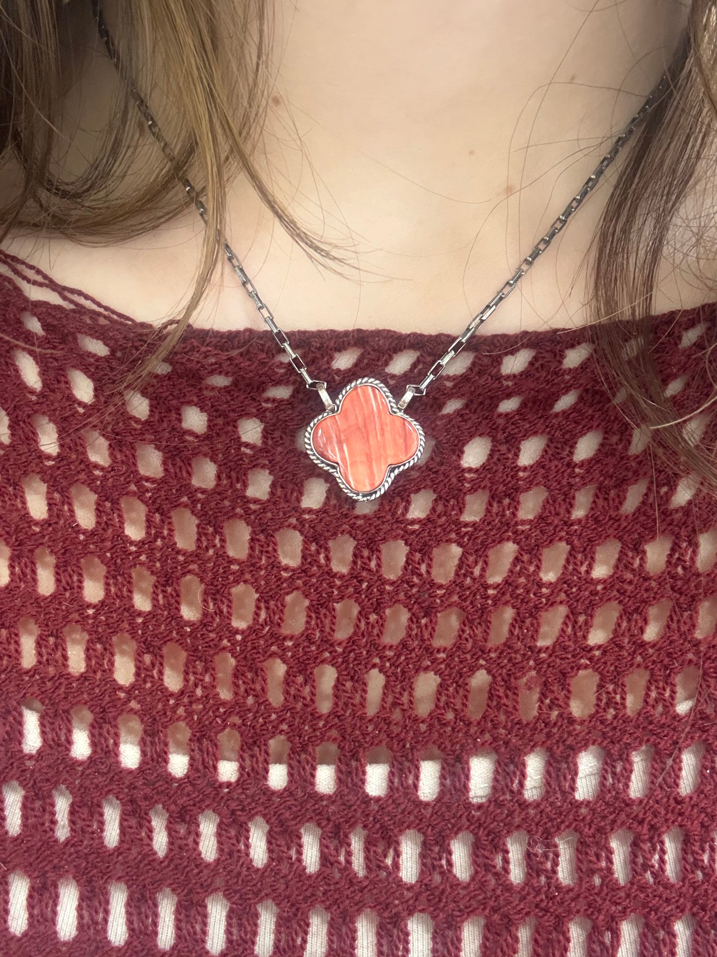 Red Spiny Oyster Clover Sterling Silver Necklace