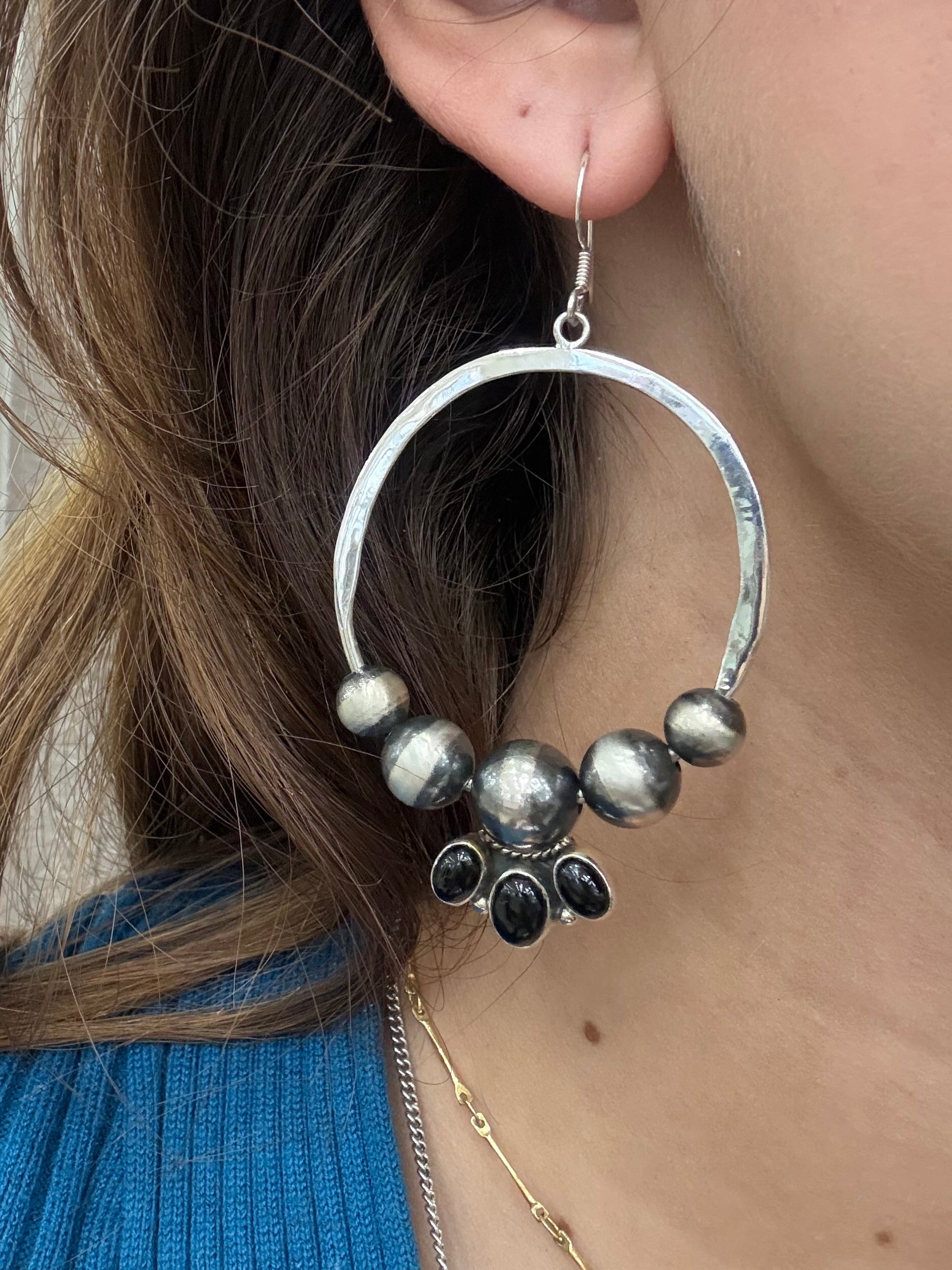 Black Onyx & Navajo Pearl Circle Earrings