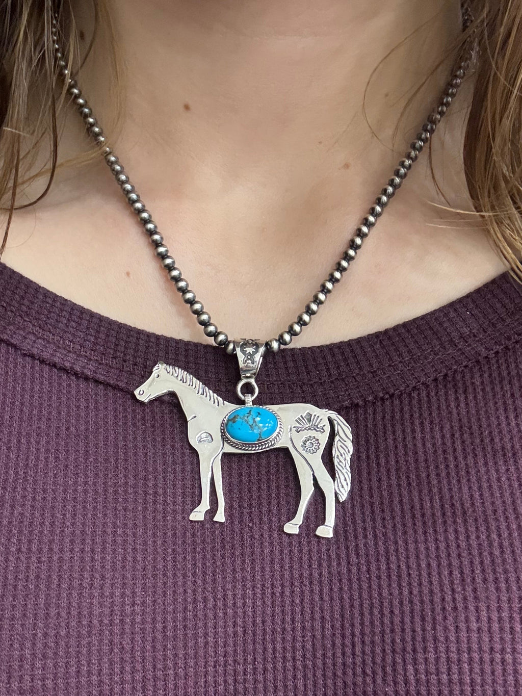 Sonoran Turquoise Horse Sterling Silver Necklace with Oxidized Sterling Silver Beads