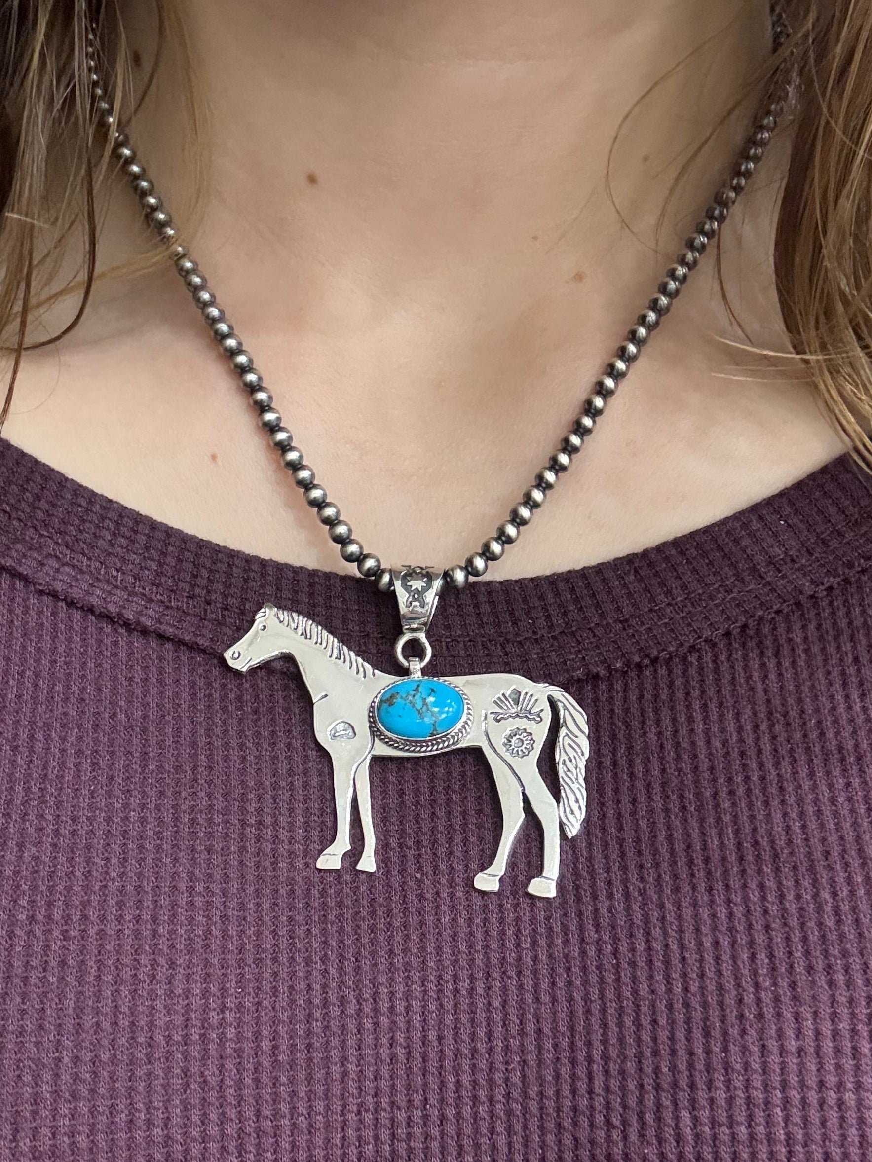 Sonoran Turquoise Horse Sterling Silver Necklace with Oxidized Sterling Silver Beads
