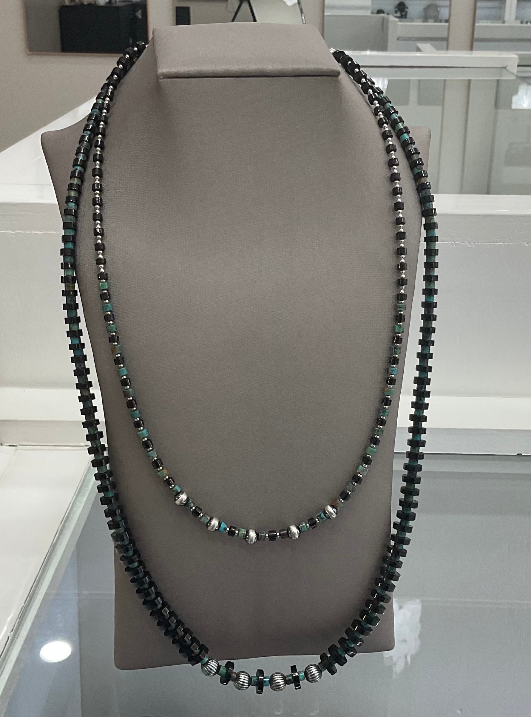 SSS Jet Heishi Turquoise and Sterling Silver Necklace